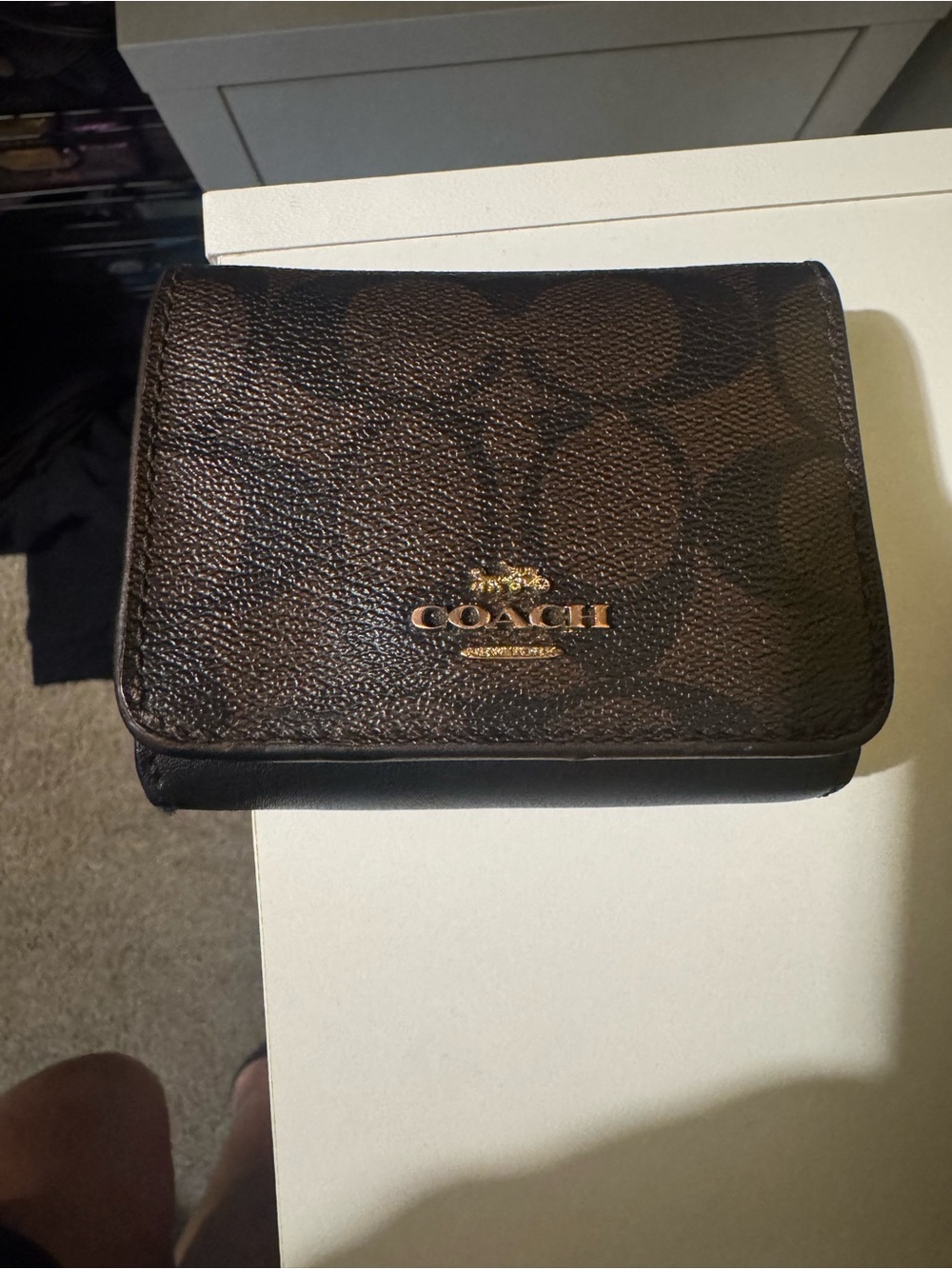Coach Brown Signature Trifold Wallet with Gold Logo